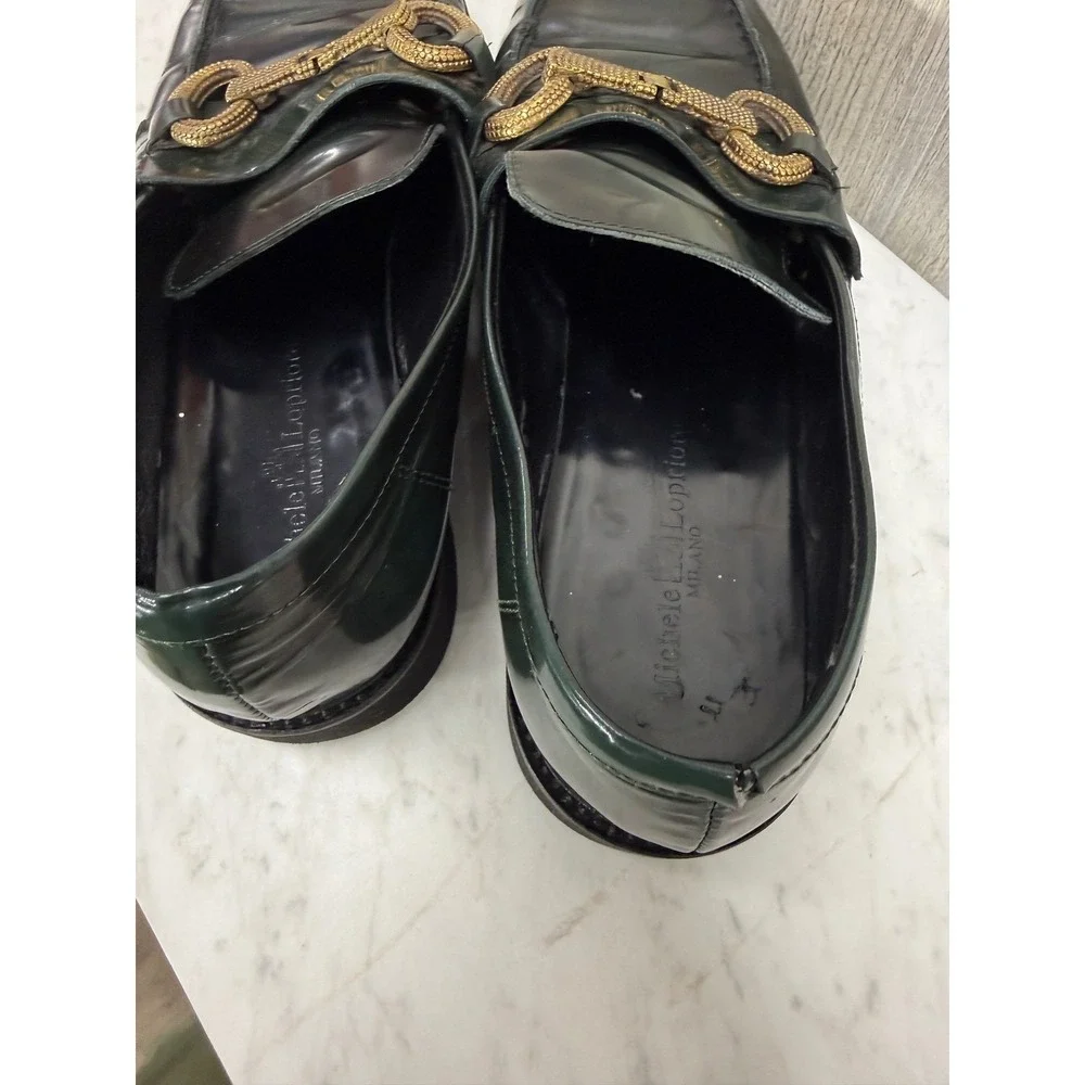 Michele Lopriore Milano Green Leather Horsebit Loafers Gold Buckle Made in Italy
